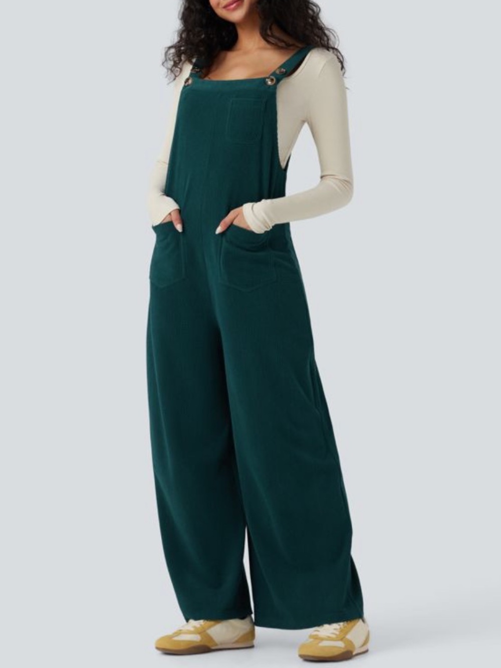 HALARA Dark Teal Ribbed Overalls Jumpsuit with Pockets Women's Size L